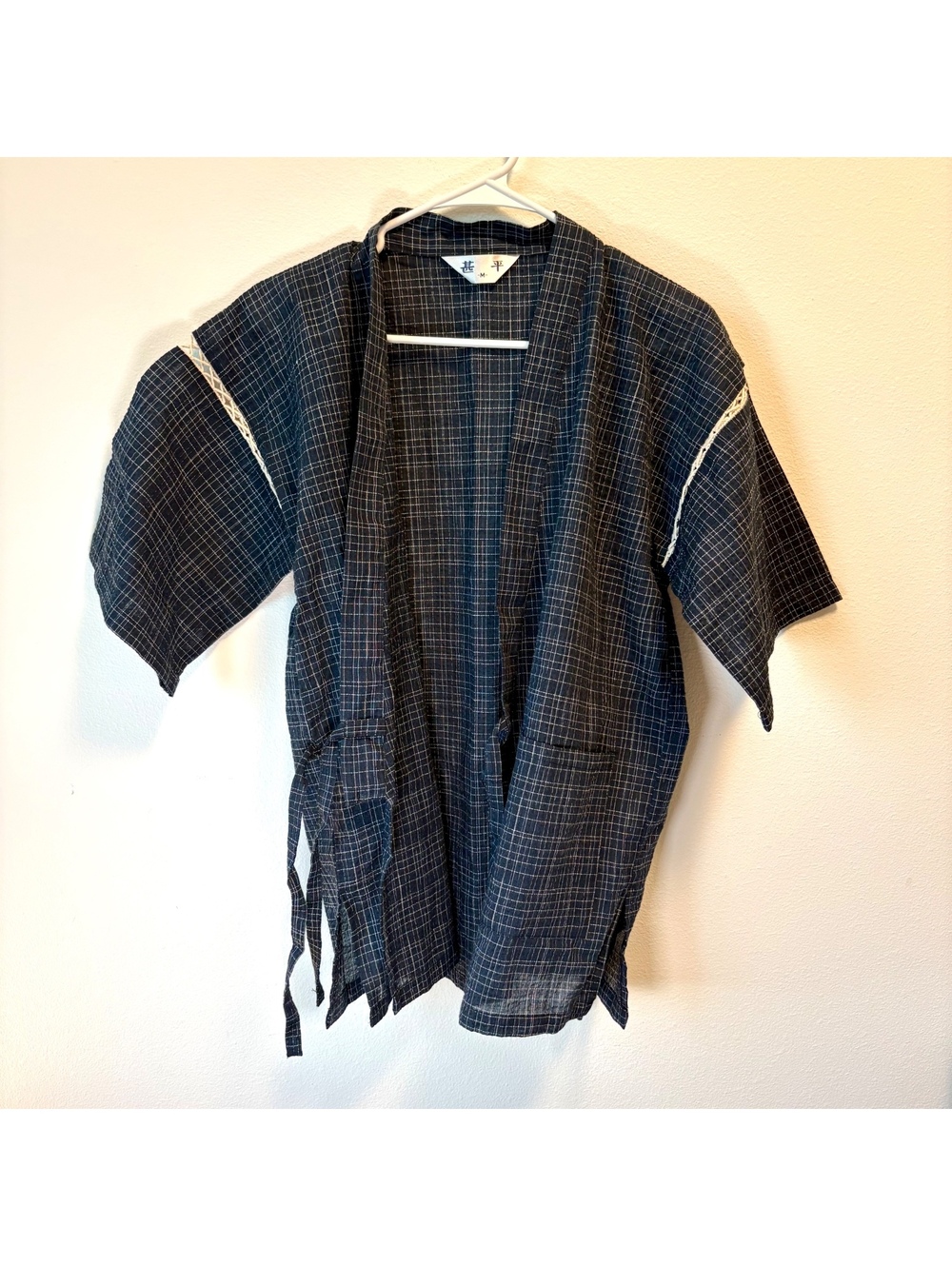 Japanese Jinbei Jacket M Navy Plaid Traditional Kimono Style Short Sleeve